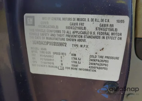 2006 Chevrolet Hhr Lt из США, поврежденный, VIN 3GNDA23PX6S559972